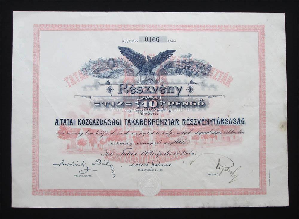 Tatai Közgazdasági Takarékpénztár 10 pengő 1926